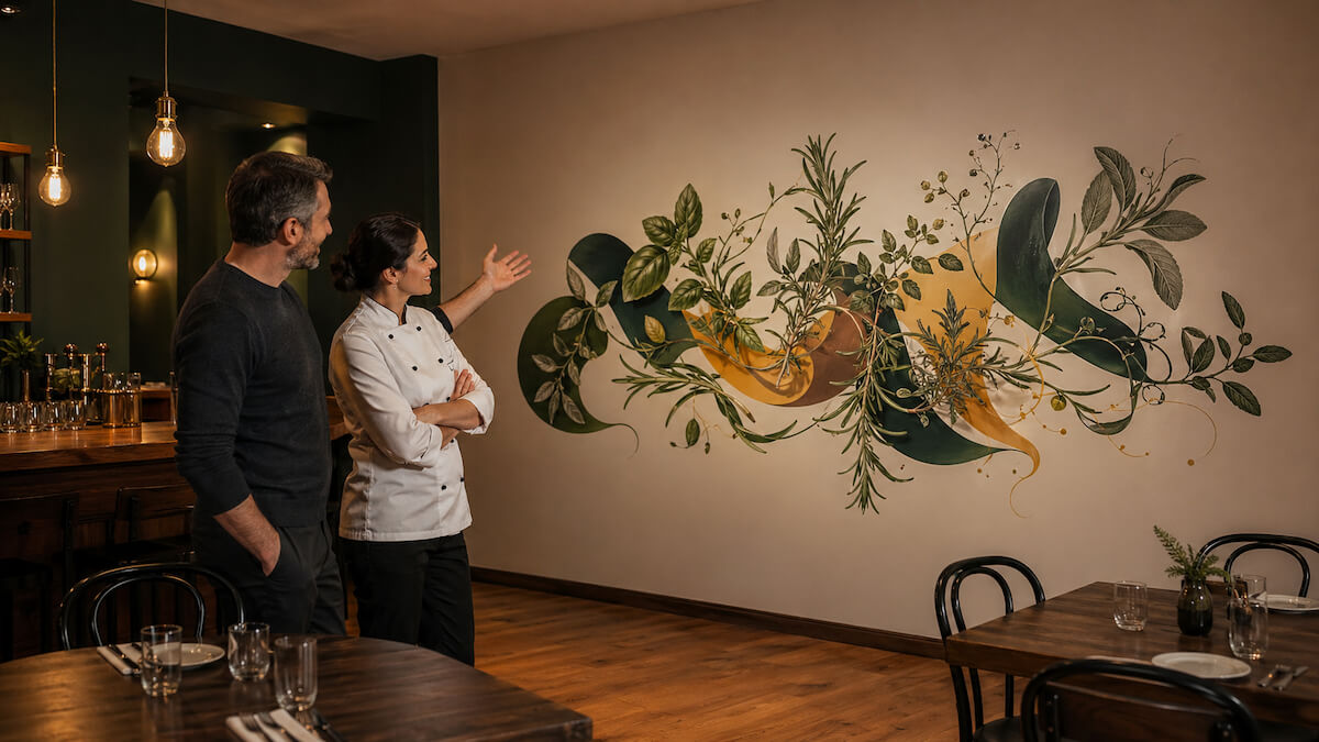 Druk ścienny w restauracji — projekt z motywem ziół