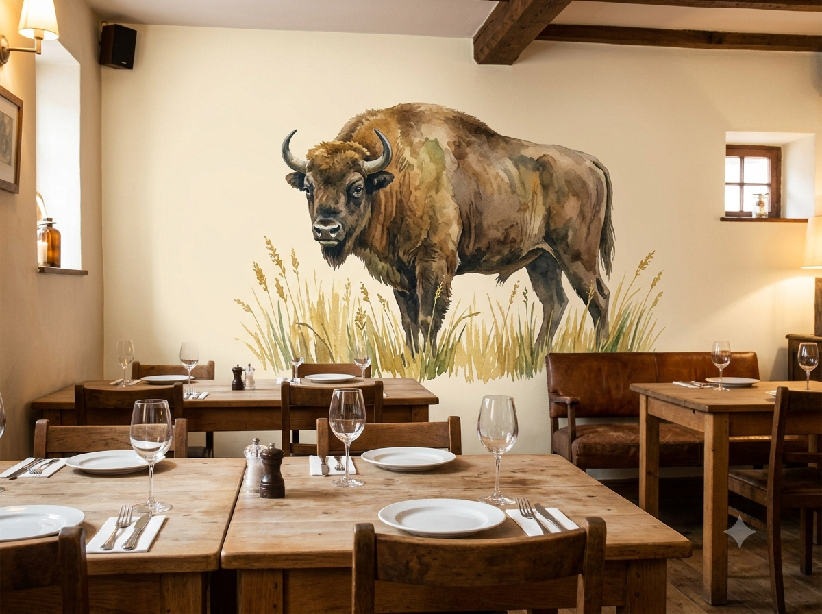 Druk ścienny w Pszczynie — akwarelowy żubr na ścianie restauracji