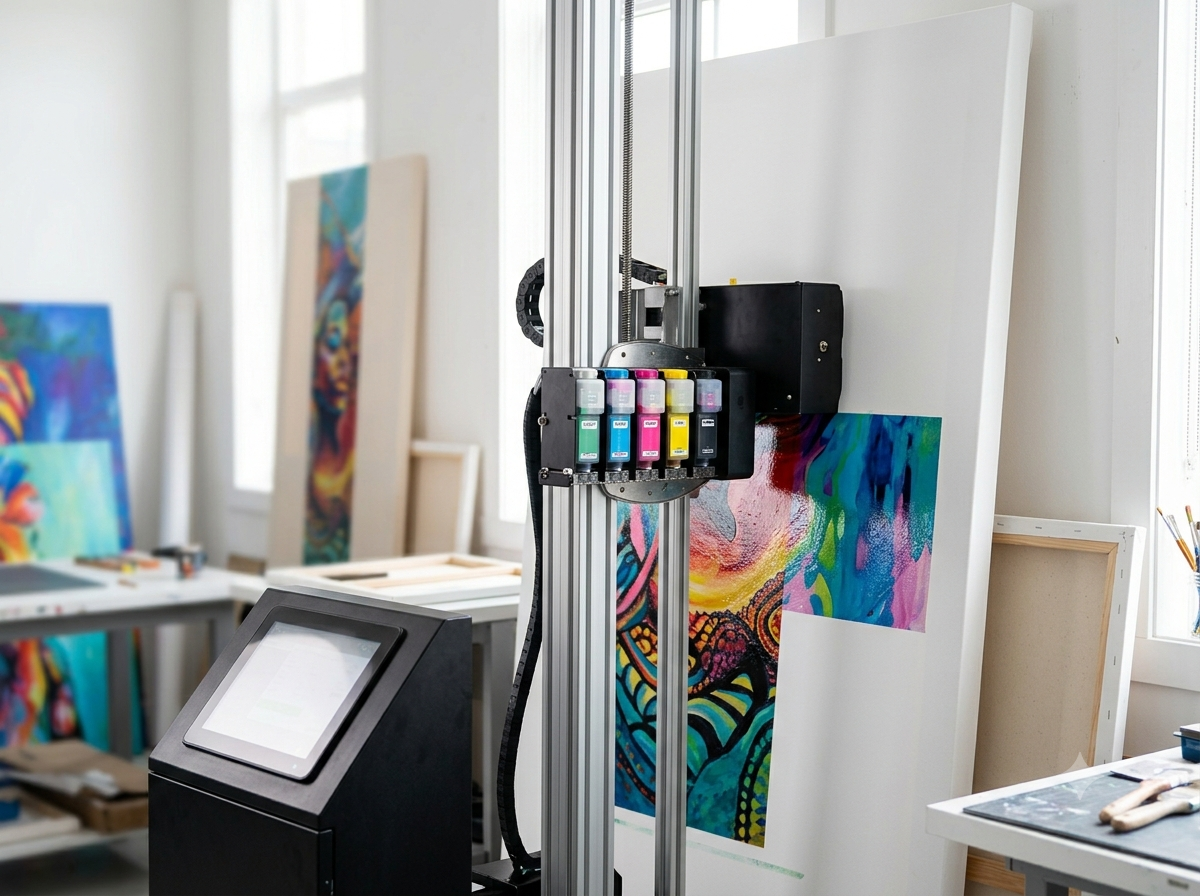 Druk UV na płótnie — pionowa drukarka w studiu PrintWall