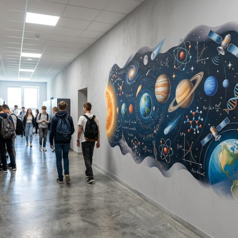 Wizualizacja druku na ścianie – szkola korytarz kosmos nauka